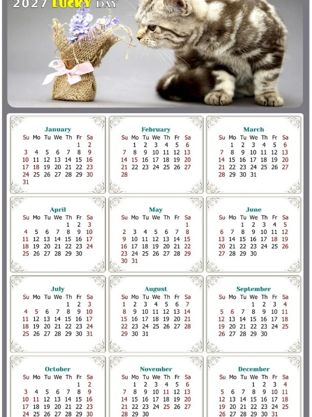 2027 Magnetic Calendar - Today is my Lucky Day - Cat Themed 025 (7 x 10.5)